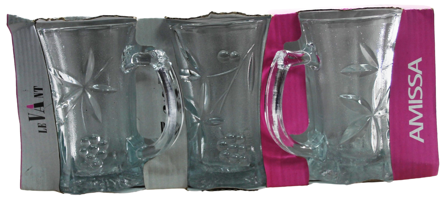 Amissa Tea Glass Cups with Handle and Floral Grape Design 171ml Set of 3 1542 (Parcel Plus Rate)