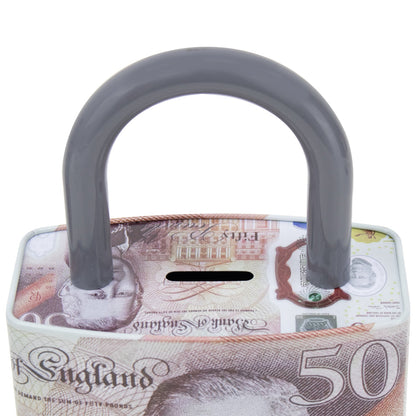 King Charles Pound Note Reusable Coin Money Tin Box Padlock Shape with Handle 16.5 x 9.5 x 26.5cm Assorted Designs  MTH 11890 (Parcel Rate)