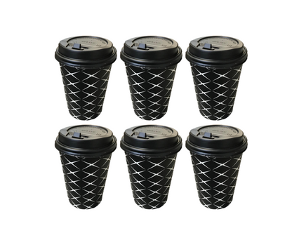 Black Paper Cup with Lid Printed Design 12oz Pack of 6 Assorted Designs 2206 (Parcel Rate)