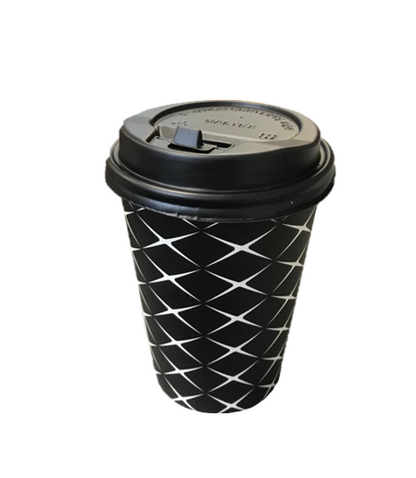 Black Paper Cup with Lid Printed Design 12oz Pack of 6 Assorted Designs 2206 (Parcel Rate)