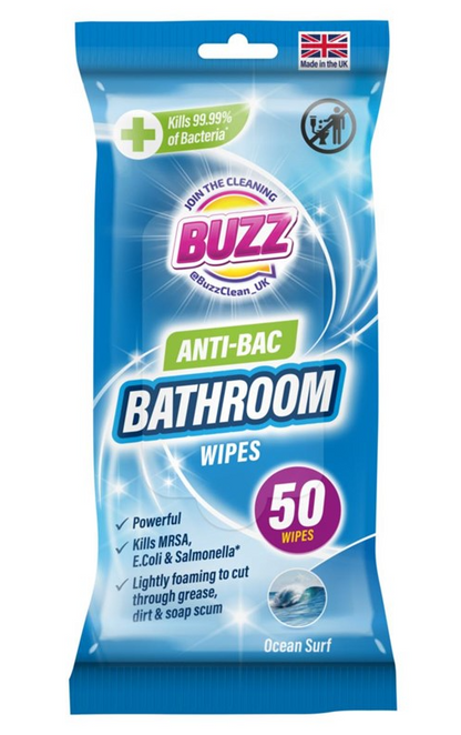 Buzz Bathroom Antibacterial Wipes 50 Pack Ocean 321594 / 324256 (Parcel Rate)