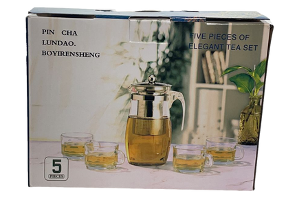 Elegant Glass Tea Pot with 4 Tea Cups Set of 5 Pieces 6661 (Parcel Plus Rate)
