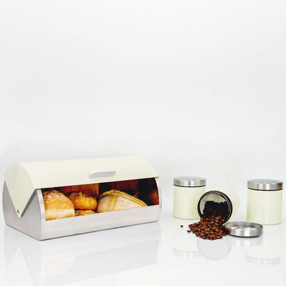 SQ Professional Dainty Metal Bread Bin with 3 Canisters Chantilly Cream 7664 (Big Parcel Rate)