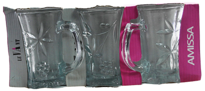 Amissa Tea Glass Cups with Handle and Floral Grape Design 171ml Set of 3 1542 (Parcel Plus Rate)