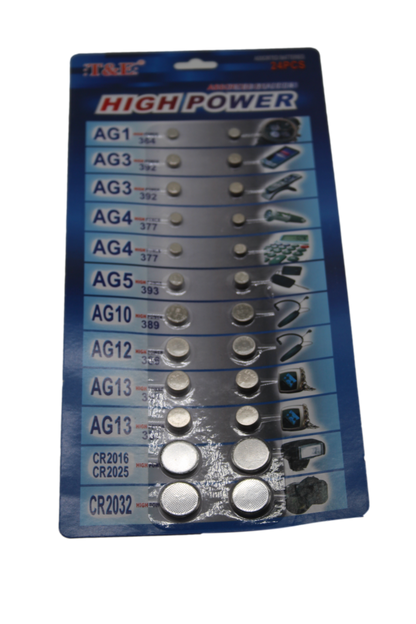 T&E 24 Assorted Flat Button Batteries on 1 Single Card 15 x 30cm 2027 (Parcel Rate)