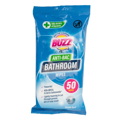 Buzz Bathroom Antibacterial Wipes 50 Pack Ocean 321594 / 324256 (Parcel Rate)